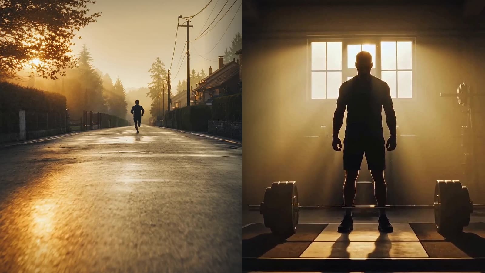 Split frame: a runner on a wet road at sunrise, and a lifter standing over a barbell in a sunlit gym