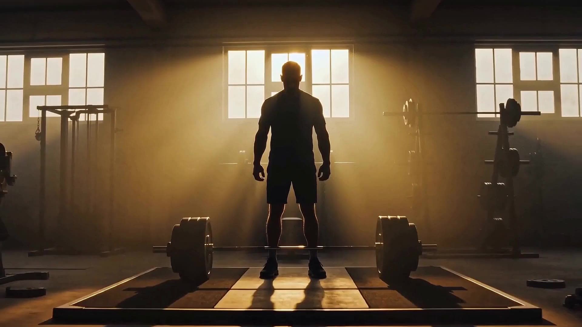 A lifter standing over a loaded barbell in a sunlit gym